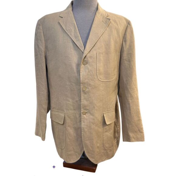 Polo Ralph Lauren Vintage 3-Patch Pocket 100% Linen Khaki Blazer XL